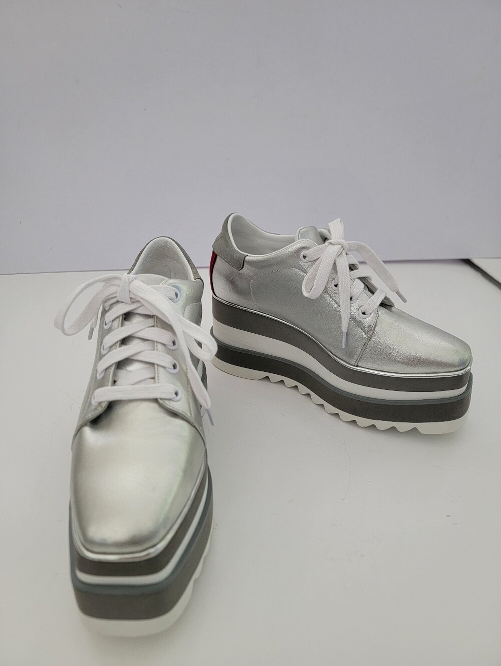Stella McCartney Metallic Silver Platform Lace-Up Sneaker Size 38